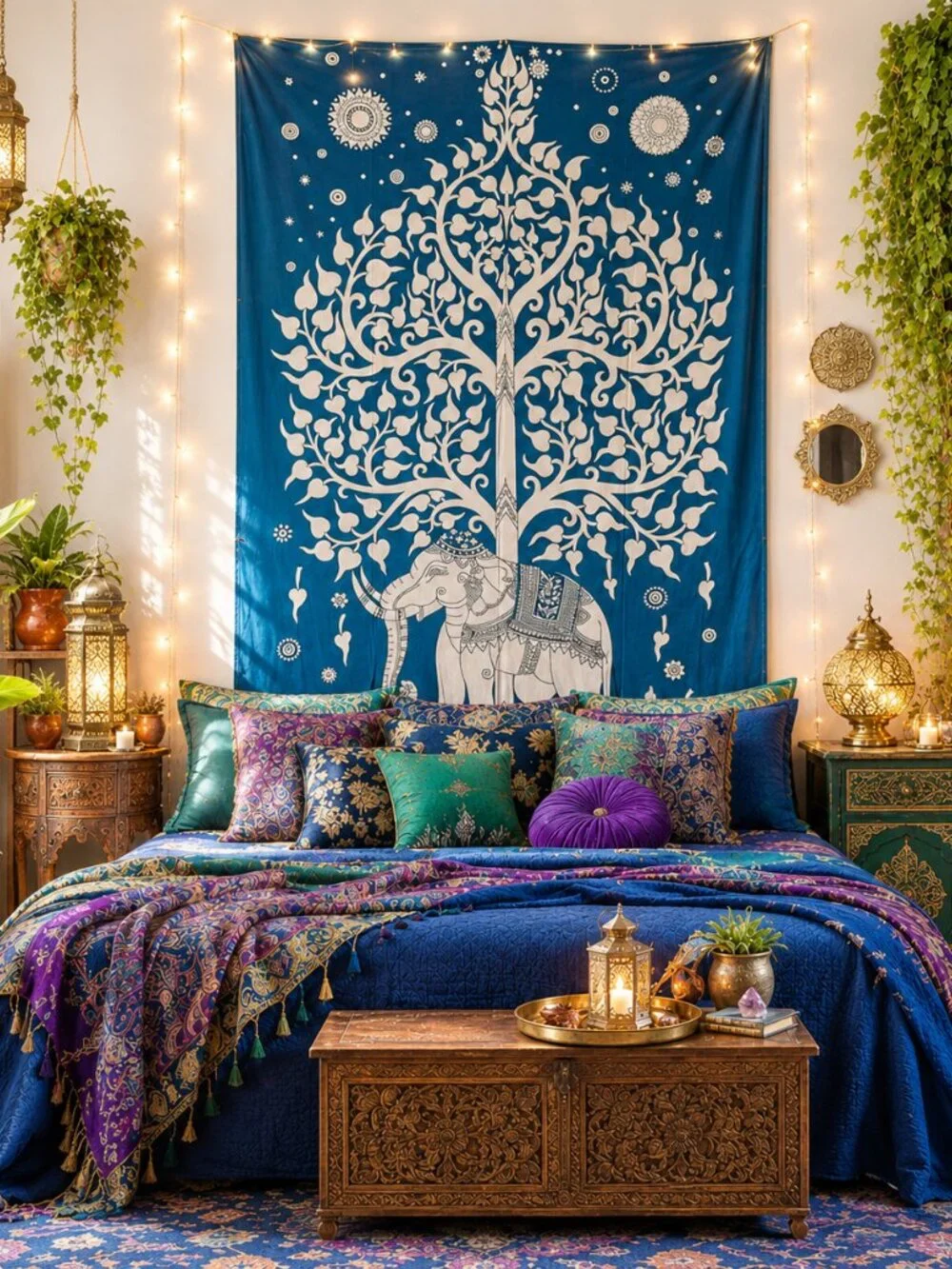 Turquoise Color Tribal Elephant Theme Boho Bohemian Cotton Wall Bed Tapestry NEW